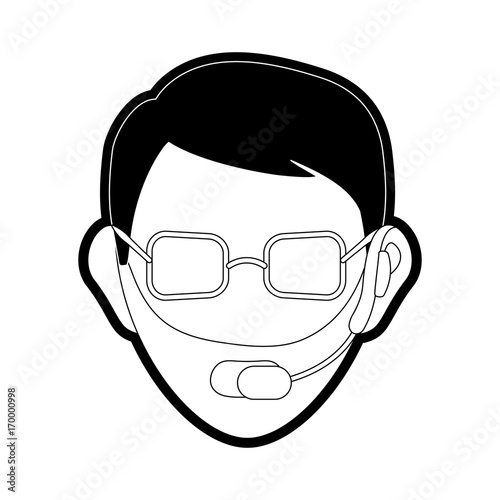 flat line monocromatic face  man call center over white background vector illustration