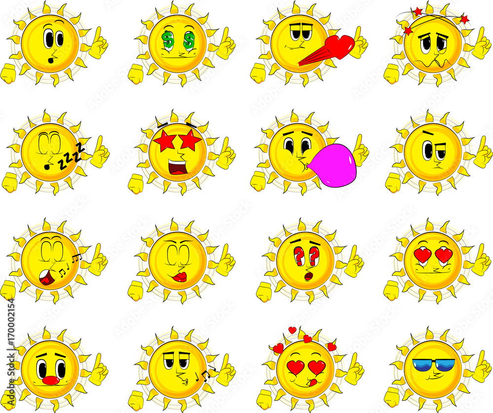 Cartoon sun making a point. Collection with various facial expressions. Vector set.