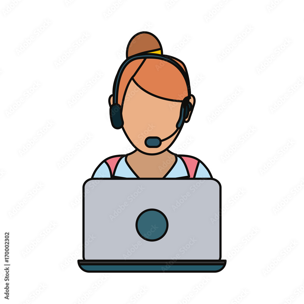 woman with headset and laptop computer icon over white background colorful design vector illustration woman with headset and laptop computer icon over white background colorful design vector illustration