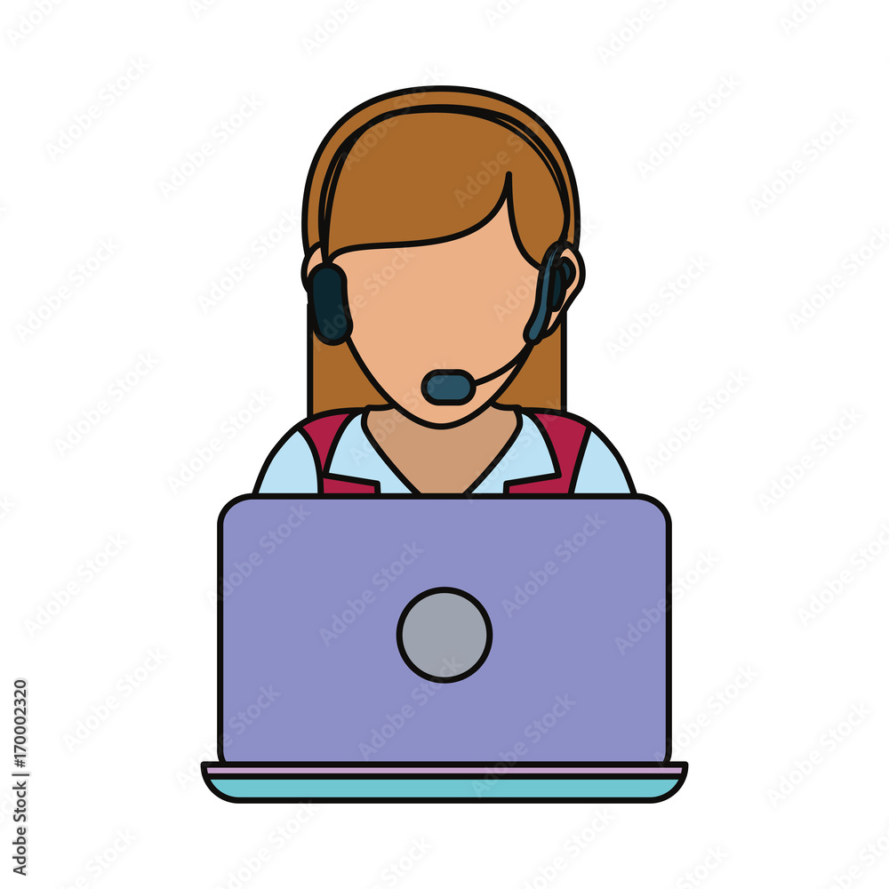 woman with headset and laptop computer icon over white background colorful design vector illustration woman with headset and laptop computer icon over white background colorful design vector illustration