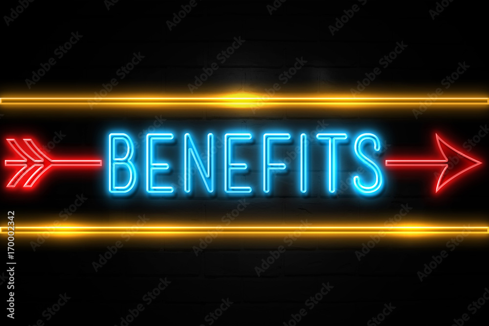 Benefits  - fluorescent Neon Sign on brickwall Front view