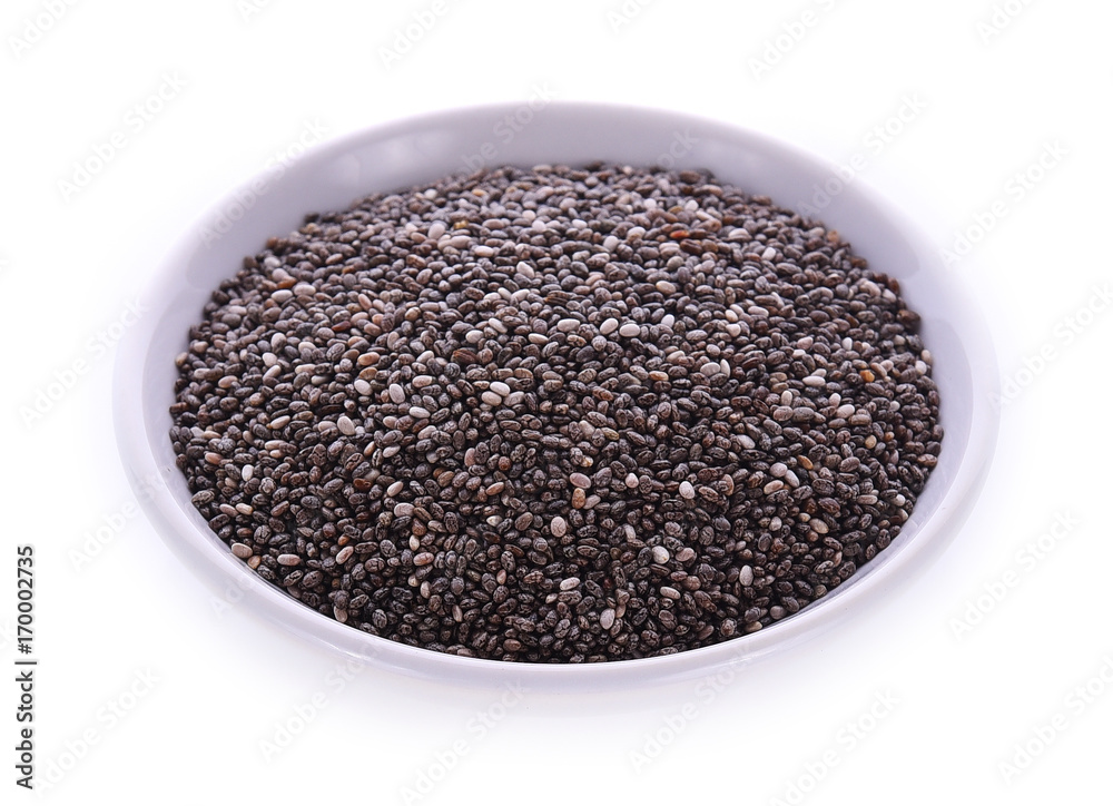 Chia seeds in bowl, isolated on white background. Chia seeds in bowl, isolated on white background.
