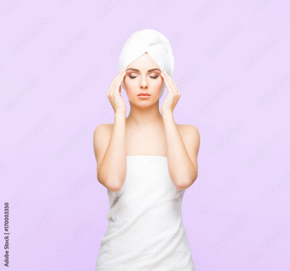 Young, beautiful and natural woman wrapped in over magenta background. Young, beautiful and natural woman wrapped in over magenta background.