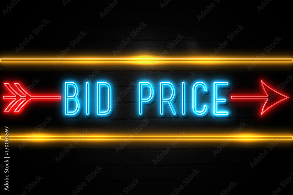 Bid Price  - fluorescent Neon Sign on brickwall Front view