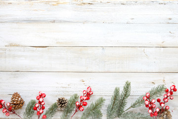 Christmas background - Christmas decorating elements and ornament rustic on white wood table with snowflake. Creative Flat layout and top view composition with border and copy space design.
