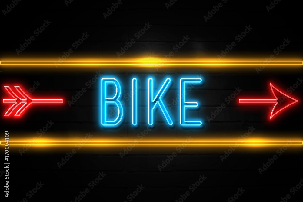 Bike  - fluorescent Neon Sign on brickwall Front view