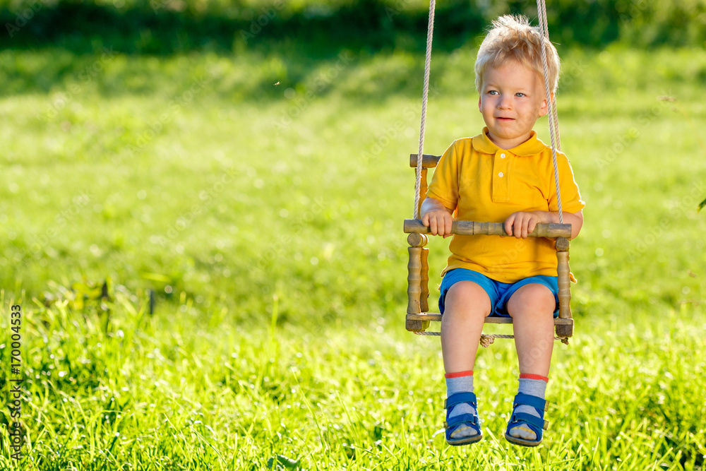 Rural scene with toddler boy swinging outdoors. Rural scene with toddler boy swinging outdoors.