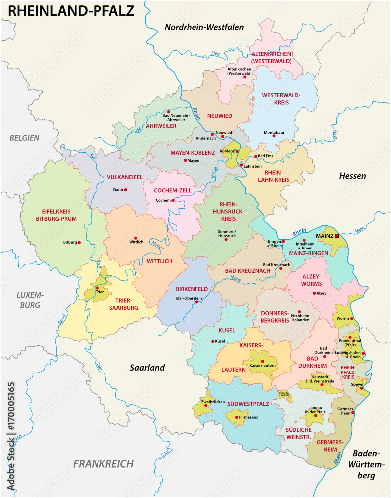 administrative and political map of the state of Rhineland-Palatinate in german language