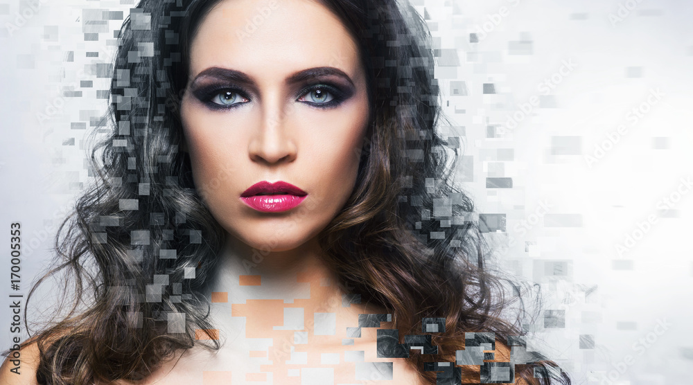 Fototapeta premium Half face of young and half old woman. Plastic surgery, beauty medicine, cosmetics and rejuvenation concept). Digital background.