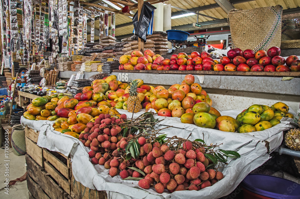 A lot of fresh tropical fruits in the market, Madagascar, Toamasina