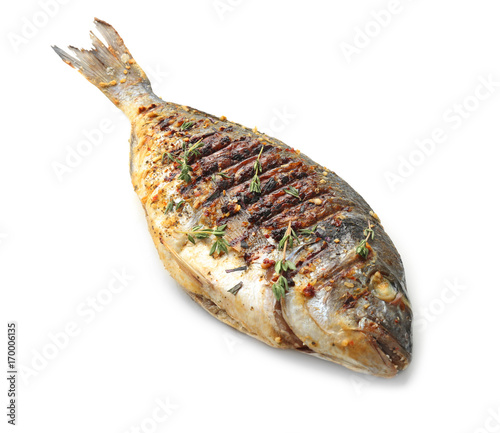Photography Delicious fried fish on white background