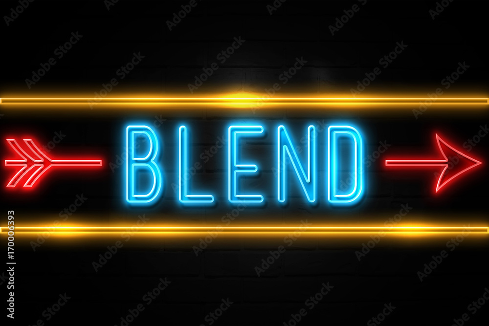 Blend  - fluorescent Neon Sign on brickwall Front view