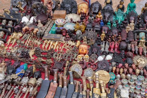 Statuettes, knives, and handicrafts on sale in the Thamel District, Durbar Square, Kathmandu, Nepal