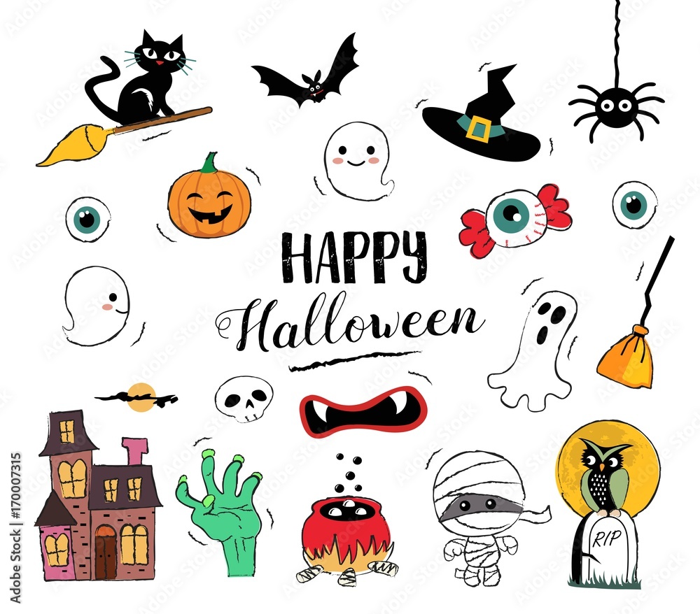 Happy Halloween hand drawn illustrations and elements. Halloween design elements, badges, labels, icons and objects.