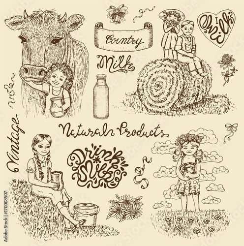 Vintage design set with kids drinking milk and lettering. Hand drawn design illustrations 