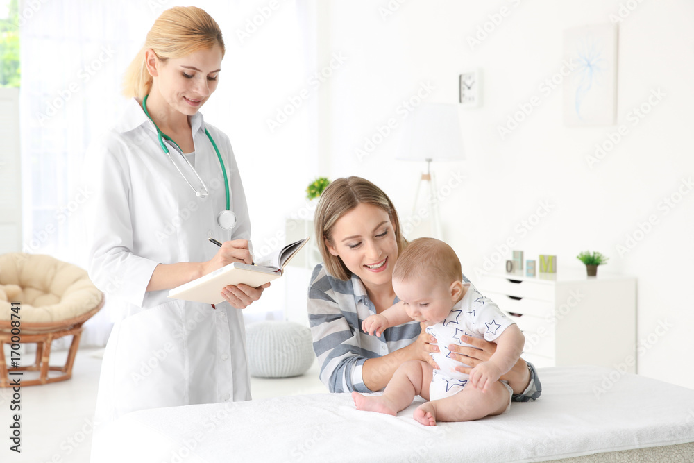 Doctor writing something in notebook and mother with baby at home Doctor writing something in notebook and mother with baby at home