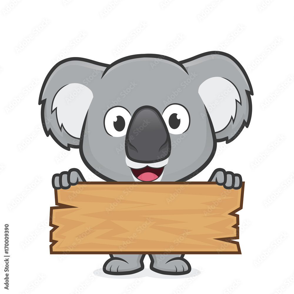 Naklejka premium Koala trzymająca deskę z drewna
