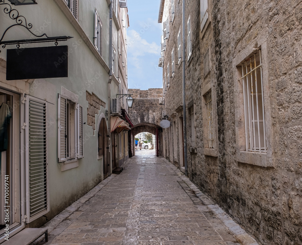 Picturesque small street with stone arch in old town