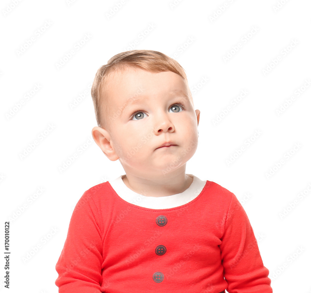 Cute little baby on white background. Christmas concept Cute little baby on white background. Christmas concept