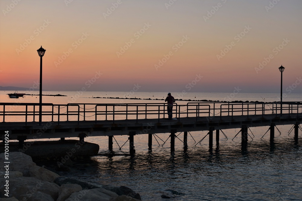 Dawning, Mediterranean sea, pier, copy space.  