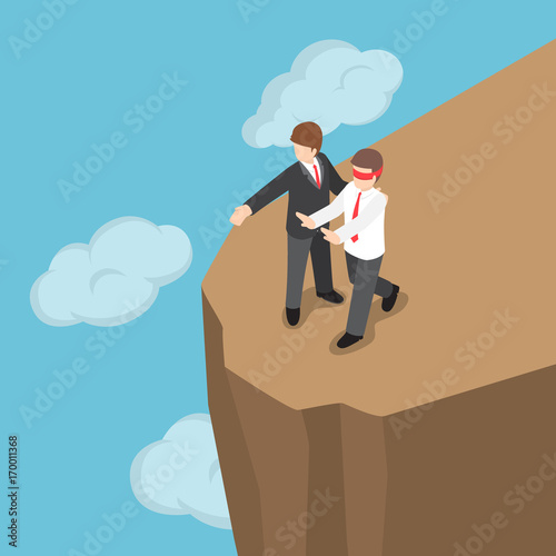 Isometric boss introduced blindfolded businessman to walk to the cliff.