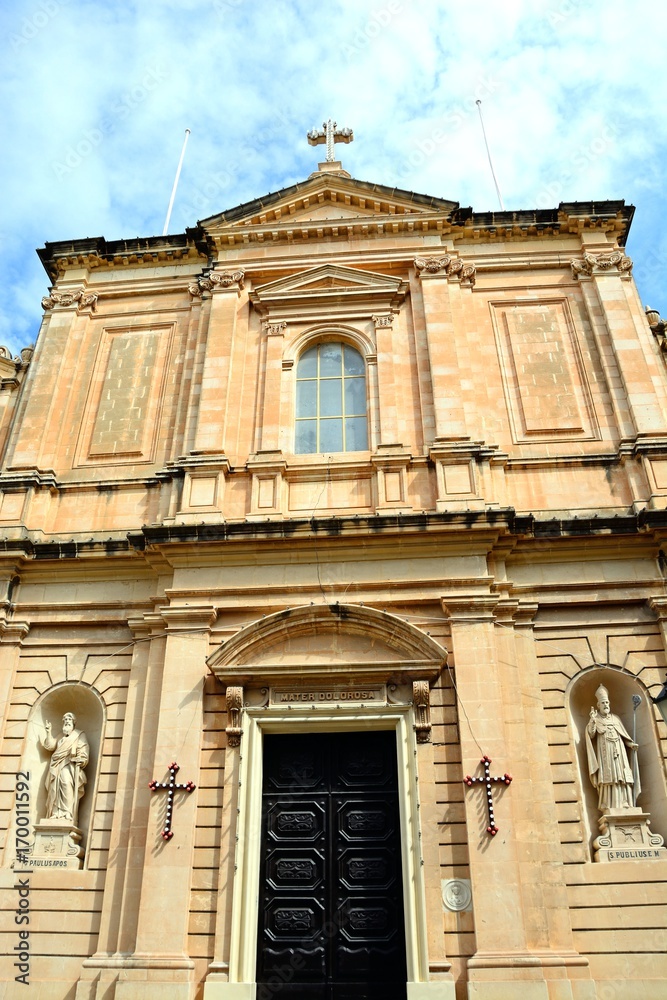 Front view of the Parish church of our lady of sorrows, Bugibba, Malta.