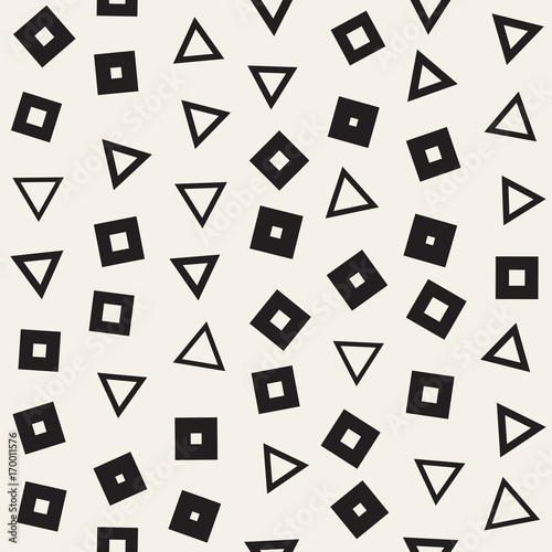 Seamless primitive jumble minimalism patterns. Randomly scattered geometric shapes. Abstract background design