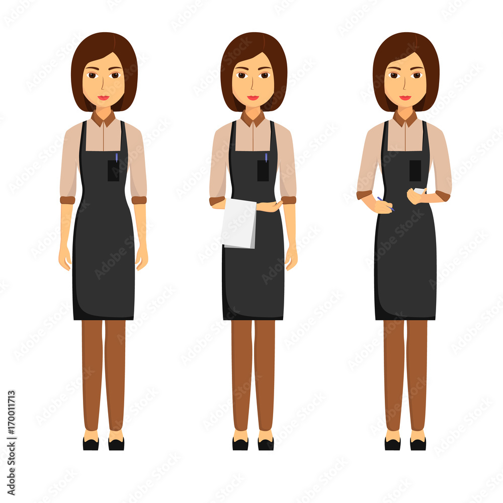 Waiters in apron isolated on white background. Taking order, standing with towel. Vector illustration Waiters in apron isolated on white background. Taking order, standing with towel. Vector illustration