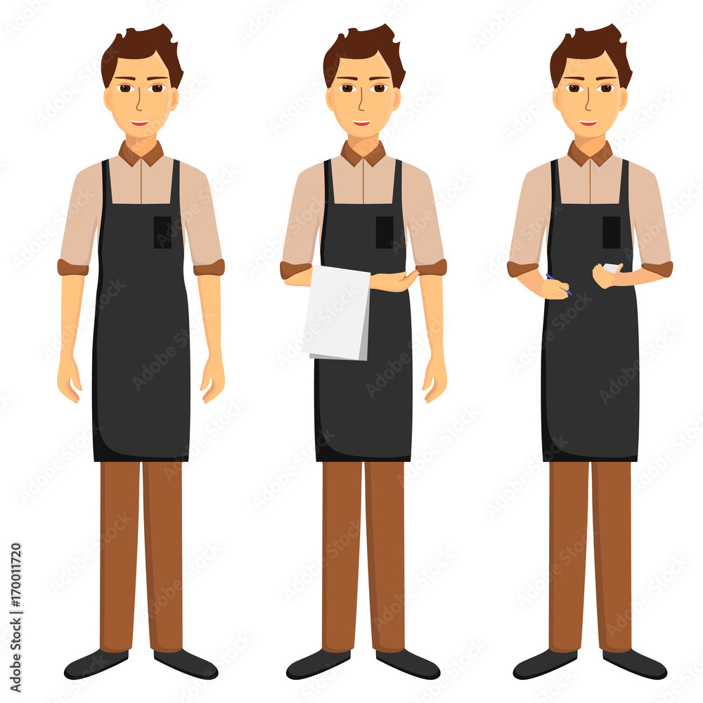 Waiters in apron isolated on white background. Taking order, standing with towel. Vector illustration