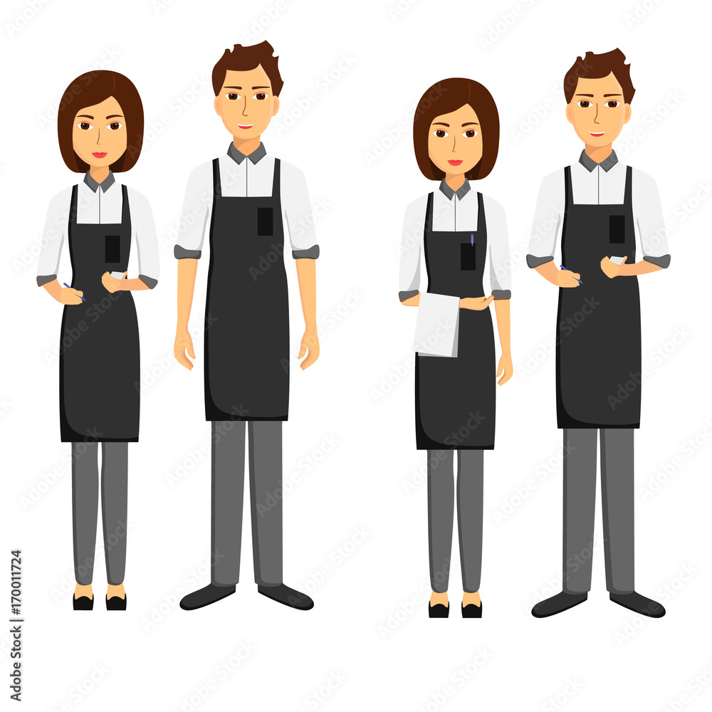 Set of waiters, girls and men written and with towels on their hands. Taking order. Vector flat illustration Set of waiters, girls and men written and with towels on their hands. Taking order. Vector flat illustration