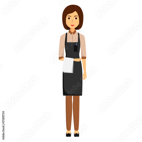 Waiter in apron with towel isolated on white background. Vector illustration
