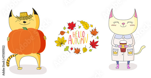 Hand drawn vector illustration of cute cats, holding a paper cup and a big pumpkin, with wreath of leaves and text Hello Autumn.