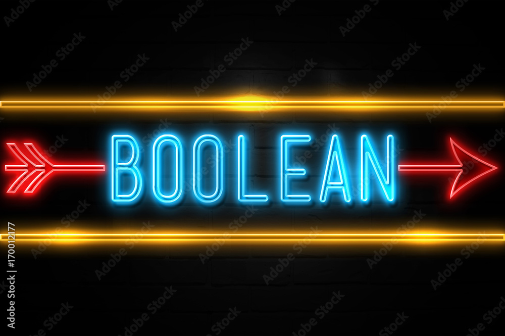 Fotografie Boolean  - fluorescent Neon Sign on brickwall Front view