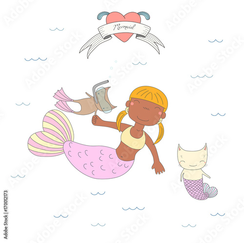 Hand drawn vector illustration of a cute dark skinned mermaid girl, a cat in swim fins and a cat with fish tail, under water, heart and text.