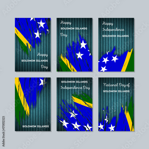 Solomon Islands Patriotic Cards for National Day. Expressive Brush Stroke in National Flag Colors on dark striped background. Solomon Islands Patriotic Vector Greeting Card.