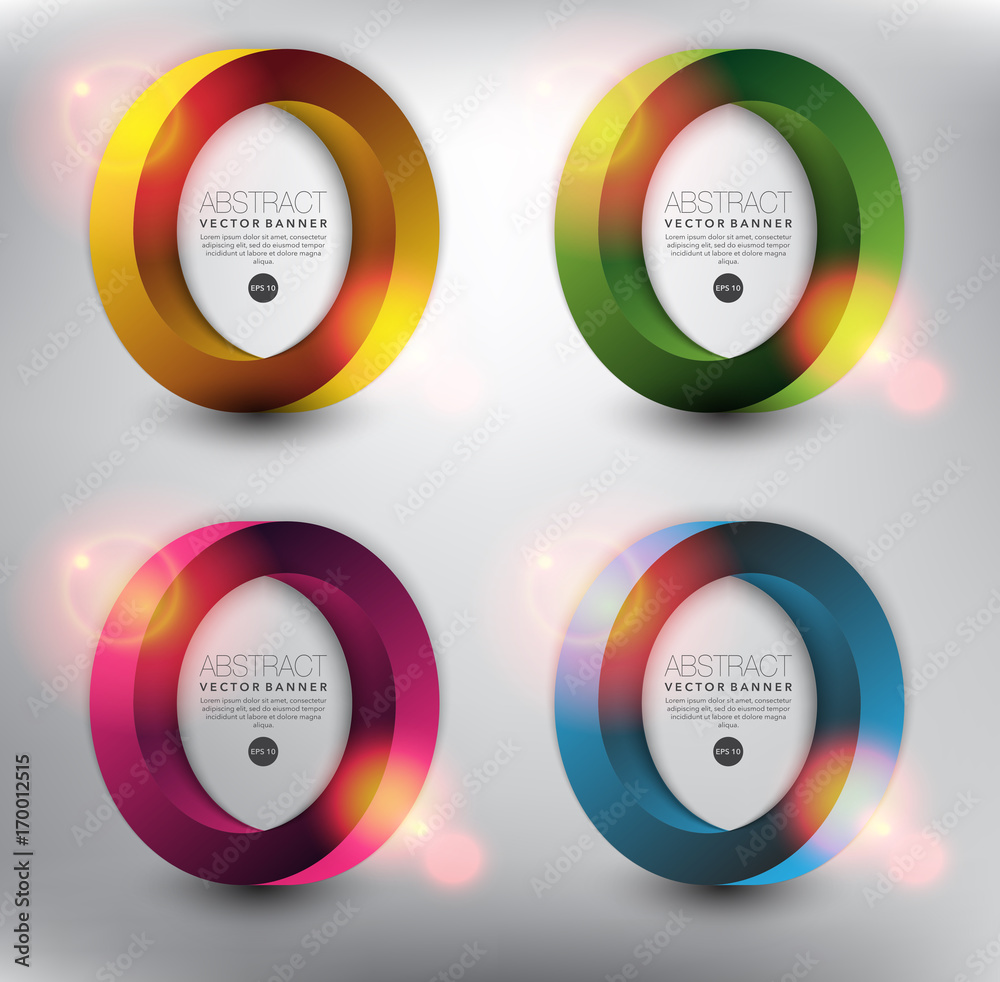 Abstract vector banner set of 4. Impossible circles. Isolated with realistic light and shadow on the light panel. Each item contains space for own text. Vector illustration. Eps10. Abstract vector banner set of 4. Impossible circles. Isolated with realistic light and shadow on the light panel. Each item contains space for own text. Vector illustration. Eps10.