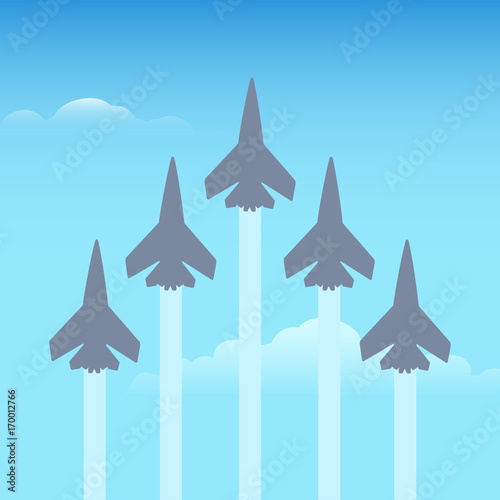 Aerobatics. Group of fighter planes in the sky. Vector illustration