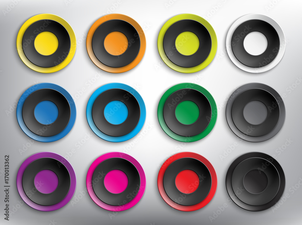 Abstract vector web buttons set of 12. Set of blank colorful and round paper buttons for your website or app. Isolated on the white background. Vector illustration. Eps10. Abstract vector web buttons set of 12. Set of blank colorful and round paper buttons for your website or app. Isolated on the white background. Vector illustration. Eps10.