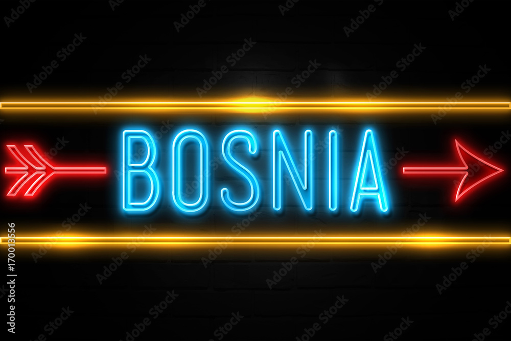 Bosnia - fluorescent Neon Sign on brickwall Front view Bosnia - fluorescent Neon Sign on brickwall Front view