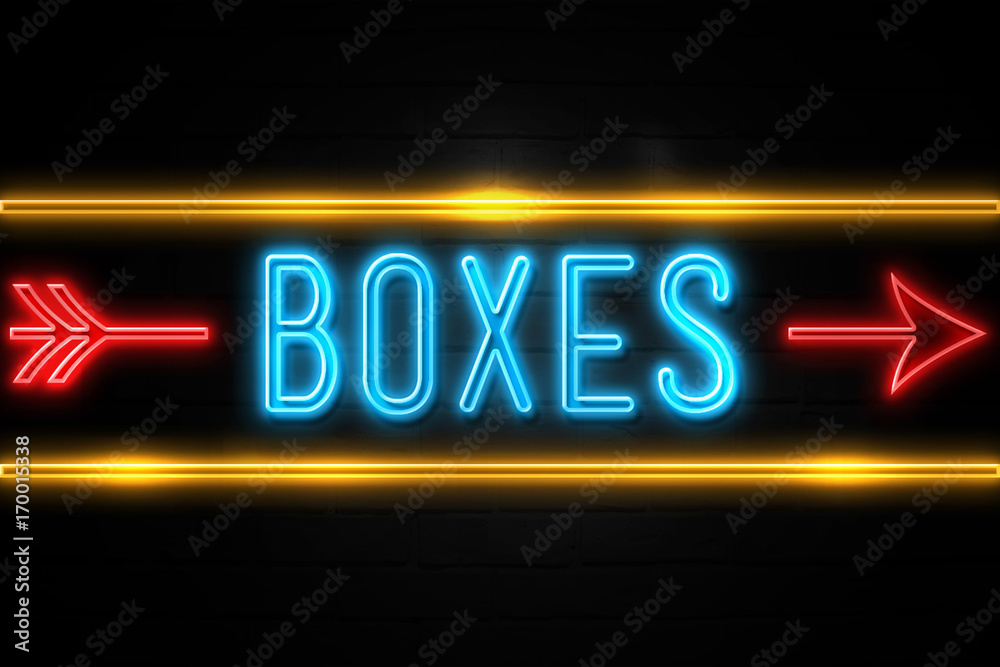 Boxes - fluorescent Neon Sign on brickwall Front view Boxes - fluorescent Neon Sign on brickwall Front view