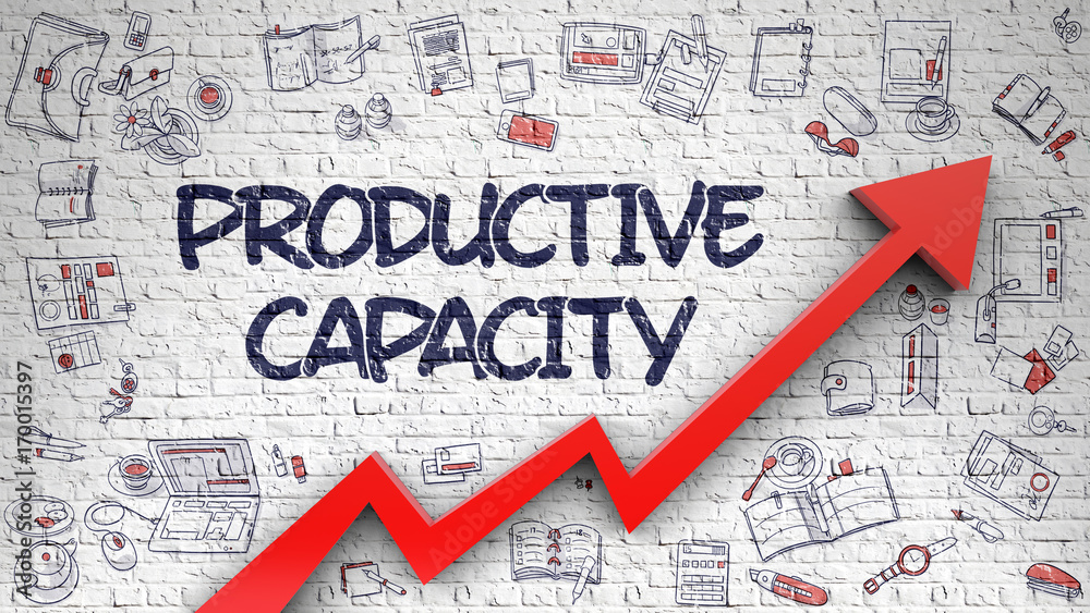 Productive Capacity Drawn on White Brick Wall. 3D. Productive Capacity Drawn on White Brick Wall. 3D.