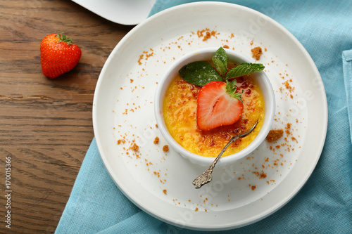 Creme brulee dessert with strawberry