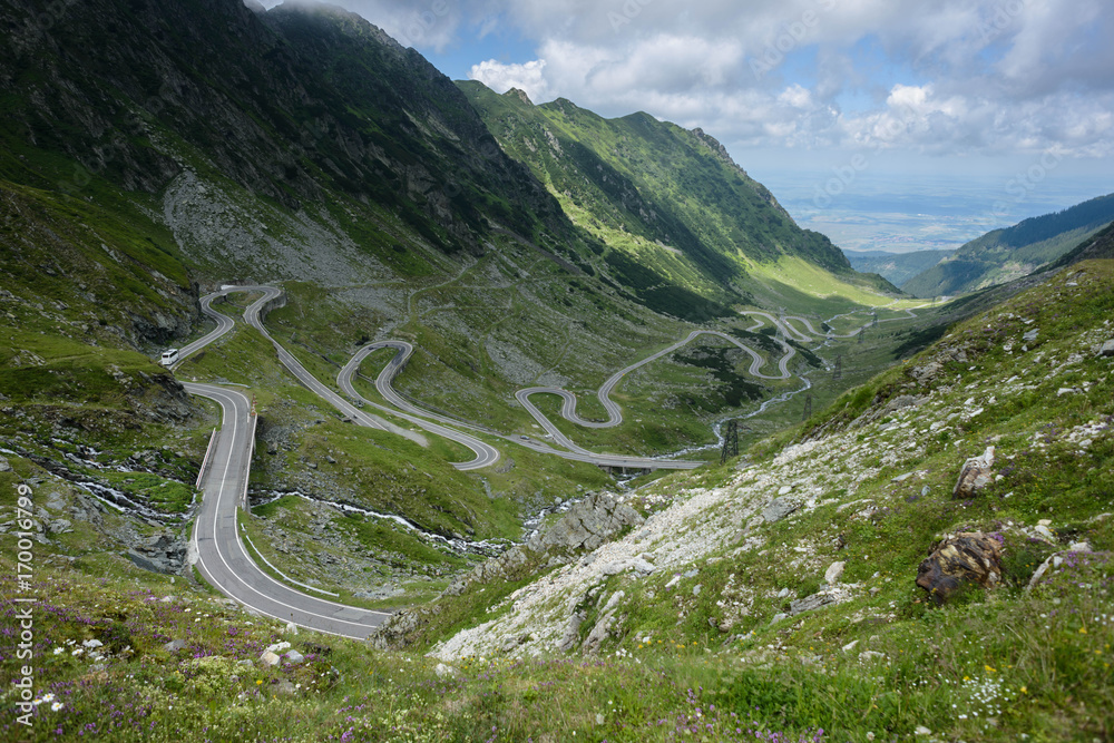 View of the mountain road Transfagarashan, also known as Ceaushescu's Folly which cross the Fagarash ridge in the Carpathian Mountains in Romania. The most beautiful mountain road in Europe.
