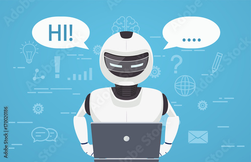 Robot uses laptop computer. Concept of chat bot, a virtual online assistant.
