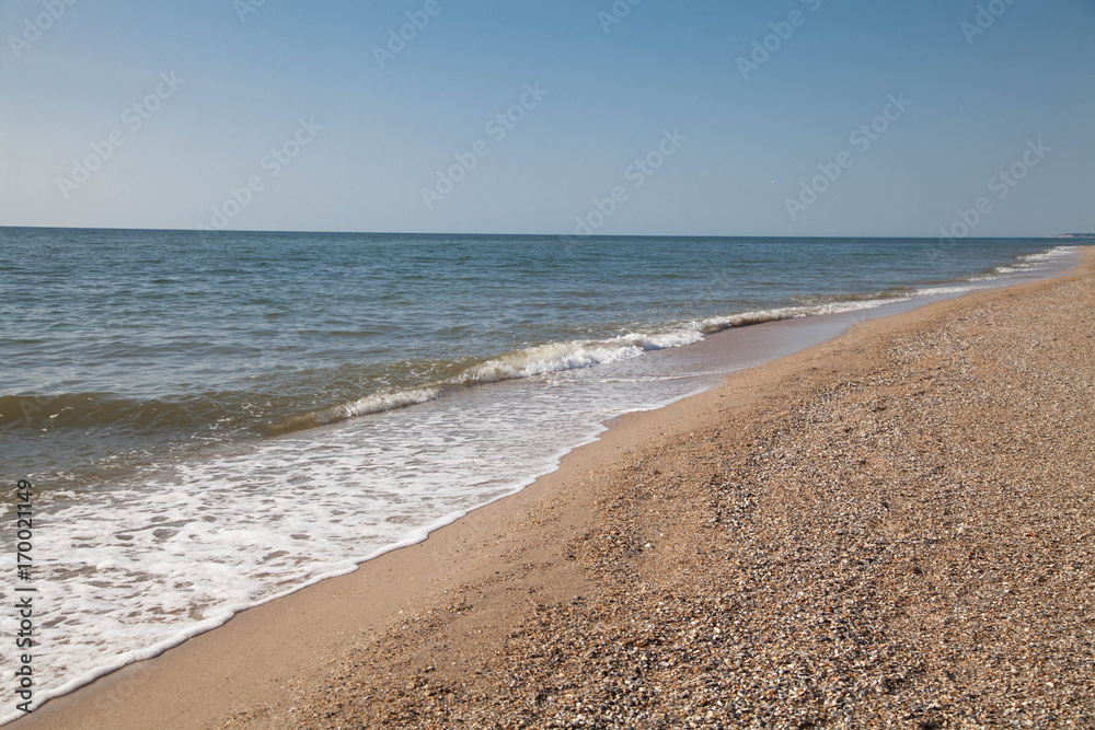Azure Sea landscape on sunny day, seashore, vawes, nobody