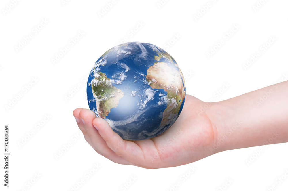 Planet Earth in baby's hand isolated on white background. Elements of this image furnished by NASA Planet Earth in baby's hand isolated on white background. Elements of this image furnished by NASA