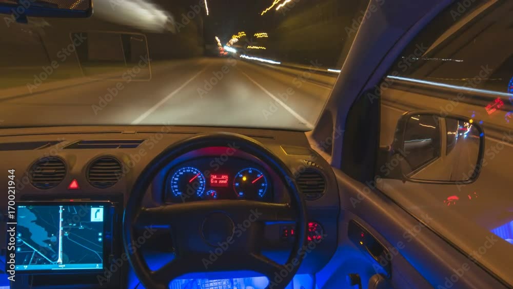 The autopilot car drive hyperlapse pov motion, inside view, right side wheel