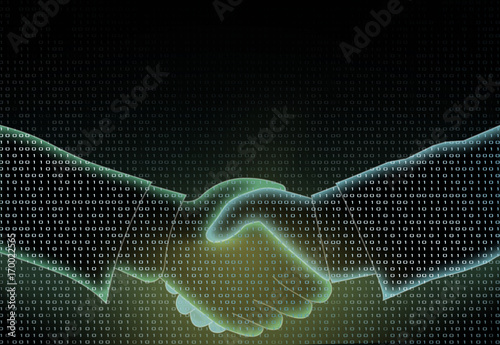 Digital businessman handshake, business concept. Abstract image of two hands shaking. Digital partners hand on blue binary background.