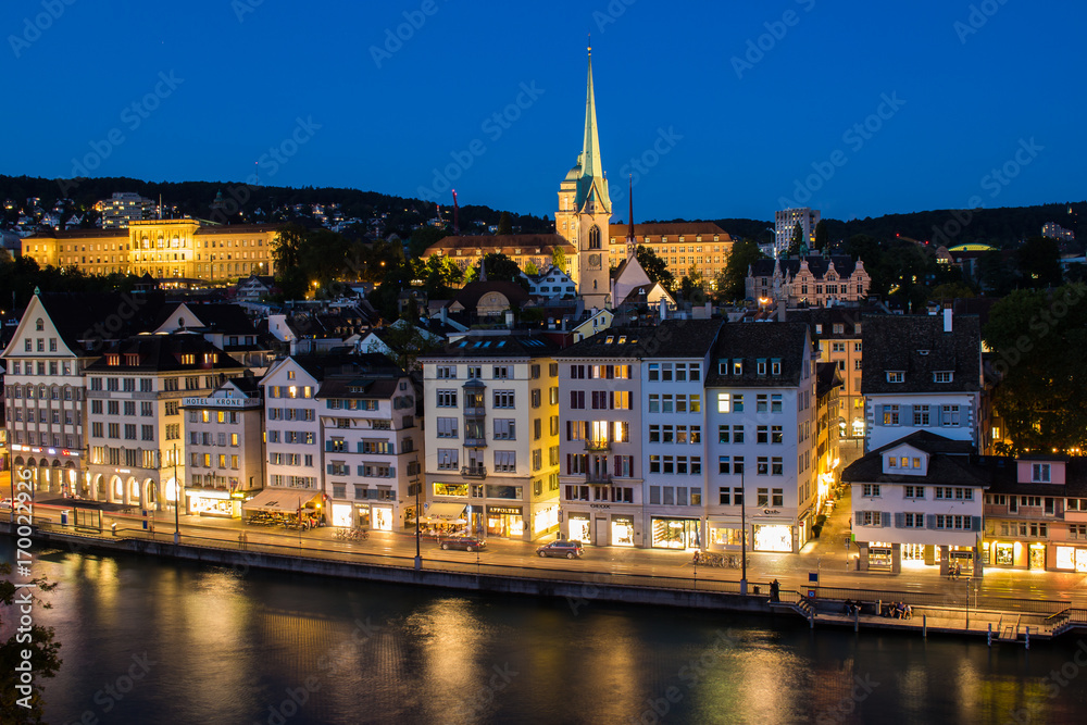 Zurich skyline during blue hour with view of the universities