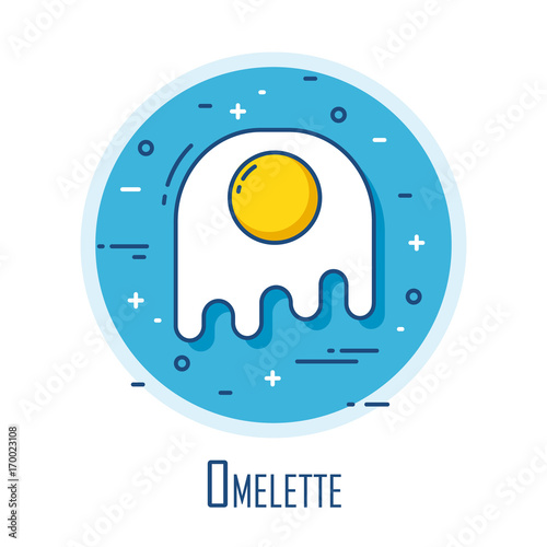 Icon with omelette in thin line flat design. Vector background.